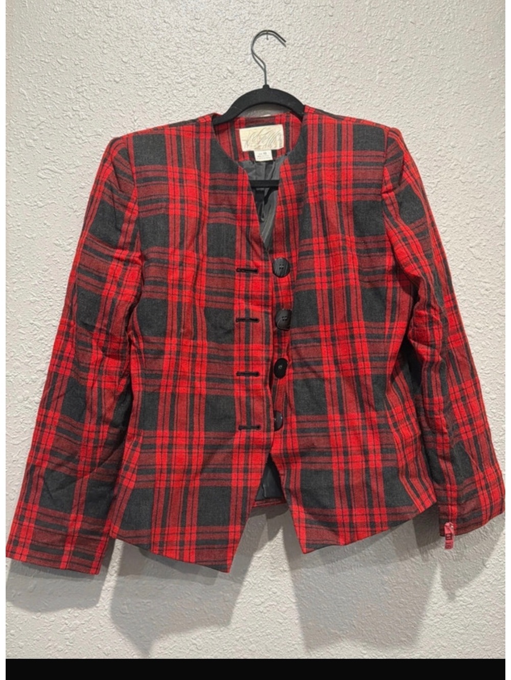 Vintage Lord & Taylor Women's Red and Black Plaid Button-Up Blazer Size 10